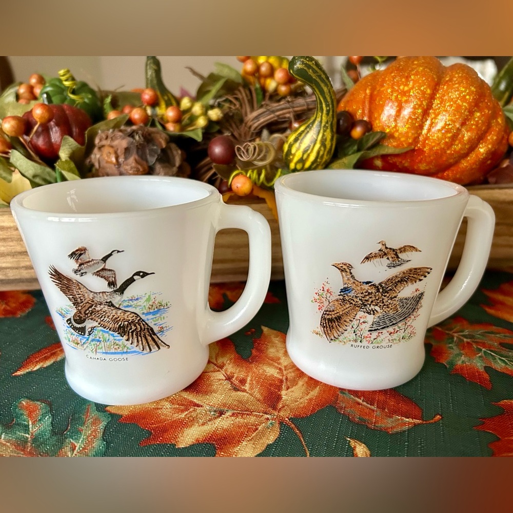 Two Vintage Fire King milk glass mugs / cups — Ruffed Grouse and Canada Goose